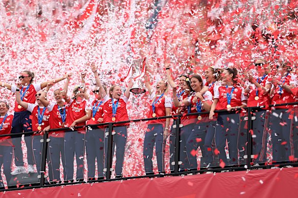 Arsenal lift the UEFA Women’s Cup during the trophy lift celebrations at Emirates Stadium.