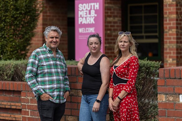 Katrina Walker (right), parent and school council president at South Melbourne Park Primary School, pictured with school parents Michael Grech and Lou Pedersen.