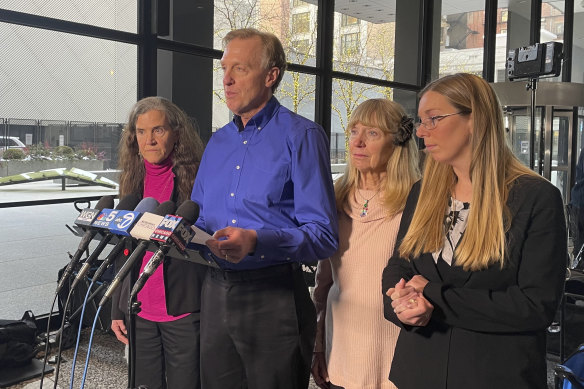 Bill Wiese, the brother of Sheila von Wiese-Mack, tells reporters after Mack’s sentencing that he and his wife (left), sister (middle-right), and niece feel that justice was served for the 2014 murder. 