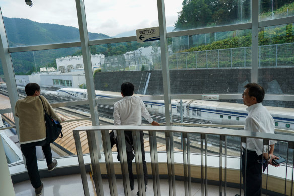 The Maglev goes past the Yamanashi Prefectural Maglev Exhibition Centre in October.  