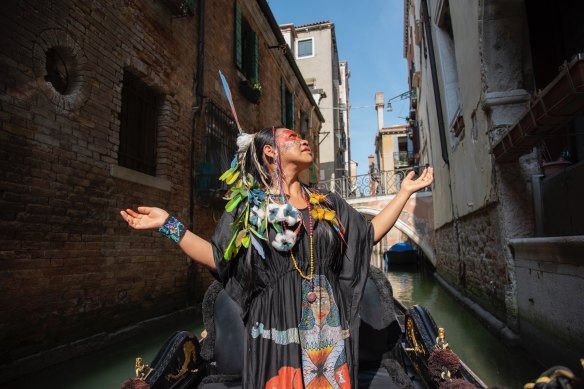 Hushahu, the female sharman who stars in Awavena, at its Venice Film Festival premiere in 2018.