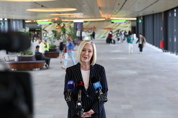 Melbourne Airport chief executive Lorie Argus at the new Skybridge at Melbourne Airport which connects the pick-up and drop-off zone to the terminal. 