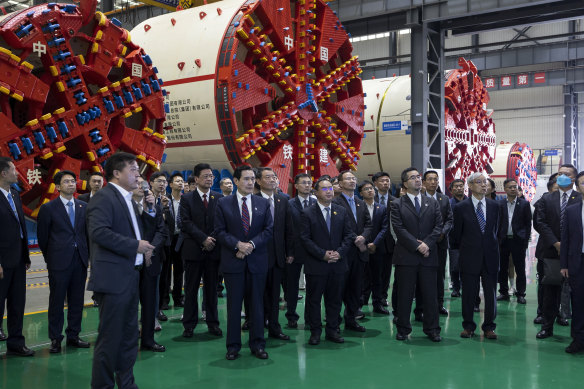 Former Taiwanese president Ma Ying-jeou, centre left, visits a workshop of the China Railway Construction Heavy Industry in Changsha, China, on Sunday.