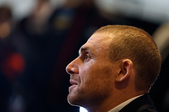 Simon Goodwin at the press conference announcing his departure as Melbourne coach.