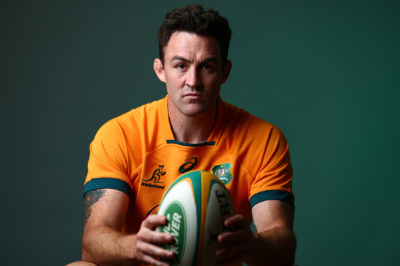 Cadeyrn Neville poses up in Wallabies jersey.