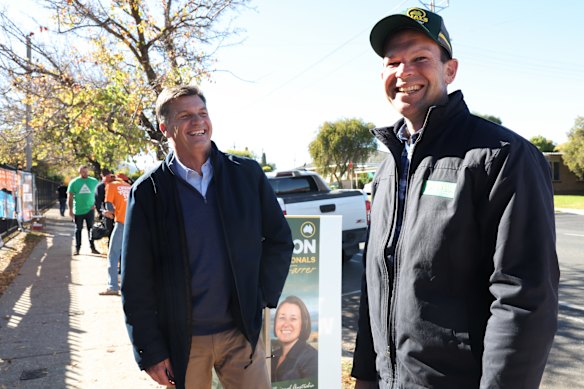 Liberal and National leaders Angus Taylor and Matt Canavan campaign in Albury on Saturday. 