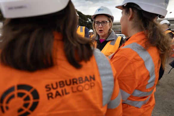 Jacinta Allan, then-minister for the Suburban Rail Loop, inspects works in Burwood in 2023.