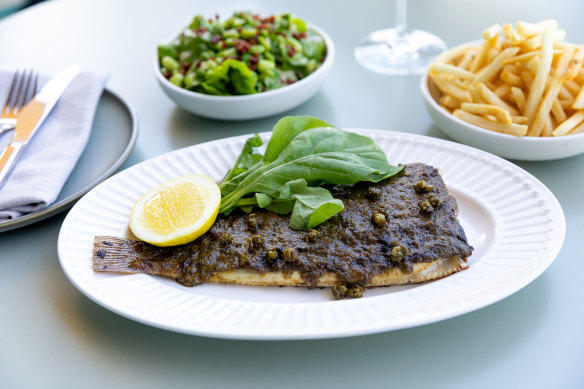 Whole baby sole, capers and dill butter.