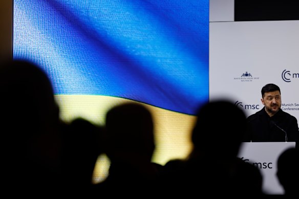 Volodomyr Zelensky na Conferência de Segurança de Munique este mês. 