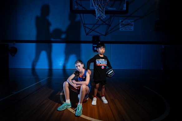 Westgate Basketball Association players Estelle Chisholm, 10, and Hendrix Caguioa, 6, are relegated to run-down facilities like Braybrook’s RecWest.