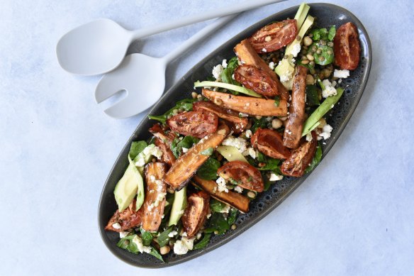 Roasted sweet potato, avocado and lentil salad is a winter winner.