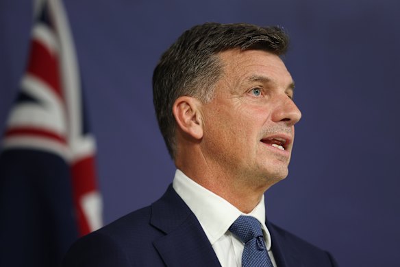 Angus Taylor speaking at a press conference on Tuesday. 