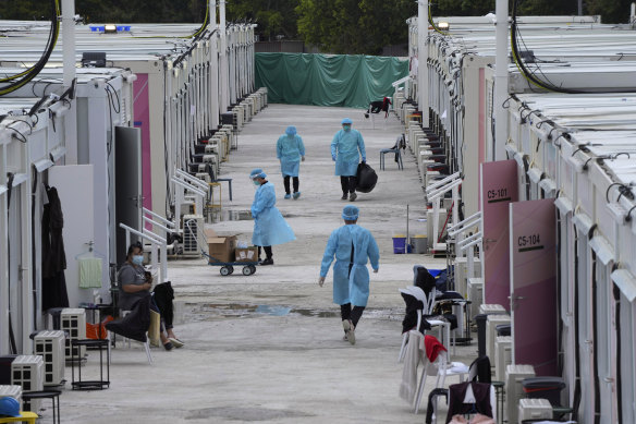 A makeshift COVID-19 isolation facility in the San Tin area of Hong Kong on Friday.