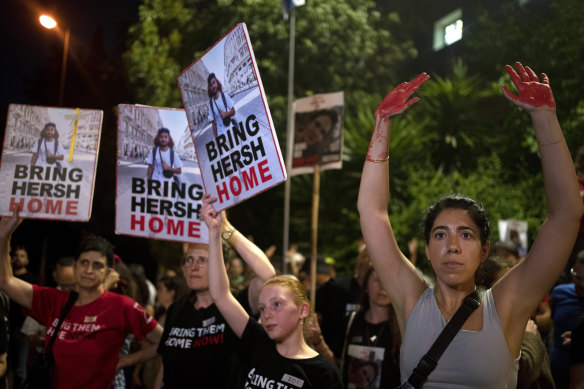 Friends and supporters of Hersh Goldberg-Polin protest outside Israeli Prime Minister Benjamin Netanyahu’s residence.