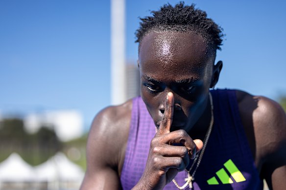 Gout Gout after breaking the men’s 200m record at the Australian Athletics Championships.