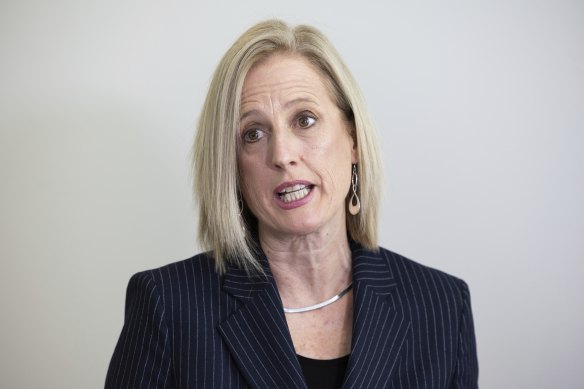 Finance Minister Katy Gallagher during a doorstop interview in the press gallery at Parliament House in Canberra on Monday