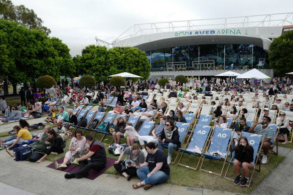 Fans congregate in Garden Square, outside Rod Laver Arena, before last year’s Australian Open women’s final.