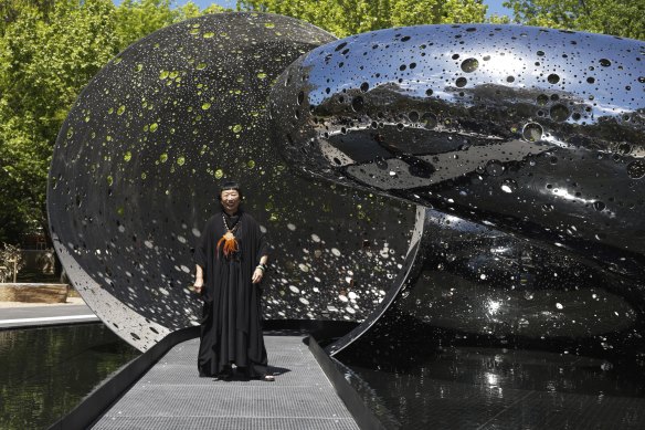 Artist Lindy Lee after the official unveiling of her sculpture Ouroboros in front of the National Gallery of Australia on October 24.