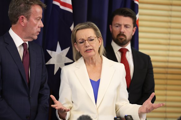 Opposition leader Sussan Ley with shadow energy minister Dan Tehan and shadow home affairs minister Jonathon Duniam at a press conference at Parliament House in Canberra on Thursday.