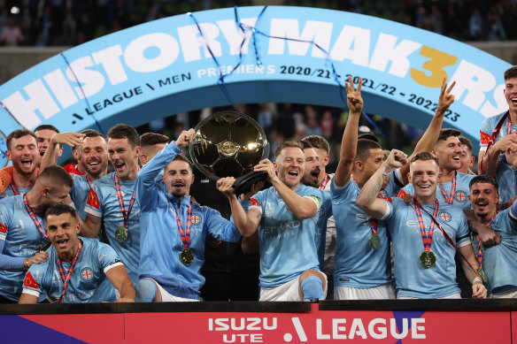 Melbourne City celebrate this season’s A-League premiership win.