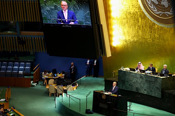 Anthony Albanese addresses the United Nations General Assembly in New York.