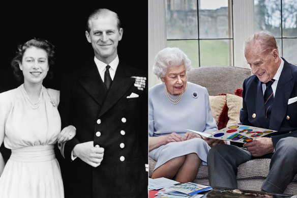 The Queen and Duke of Edinburgh announcing their engagement in 1947; the couple reading 73rd wedding anniversary cards made by the Cambridge’s children.