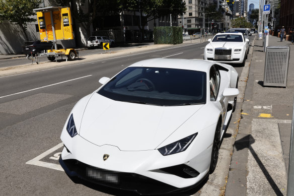 A Lamborghini and Rolls-Royce outside the Melbourne Assessment Prison as they waited for a Hamad syndicate lieutenant to leave on bail.