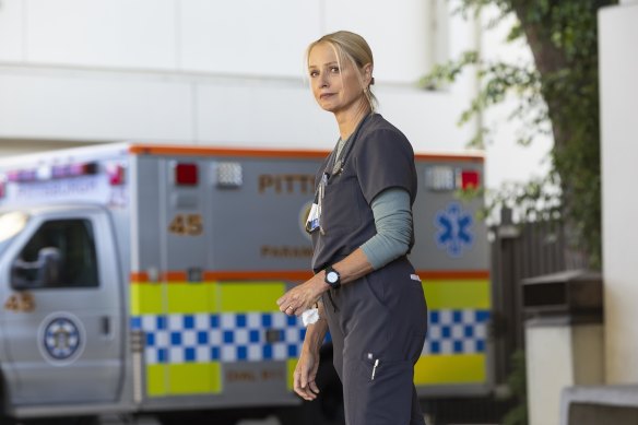 Katherine LaNasa plays charge nurse Dana Evans in The Pitt. 