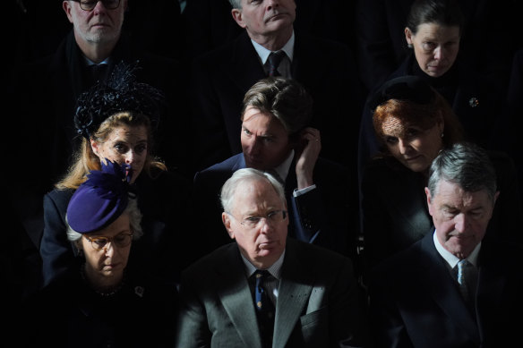 Front row (left to right) Brigitte, Duchess of Gloucester, Prince Richard, Duke of Gloucester, Admiral Sir Tim Lawrence and (second row left to right) Princess Beatrice, Edoardo Mapelli Mozzi and Sarah, Duchess of York attend the Thanksgiving service for King Constantine of Hellenism in Church of Saint George.