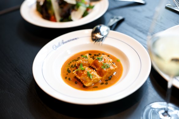 Lobster agnolotti with sauce Americaine.