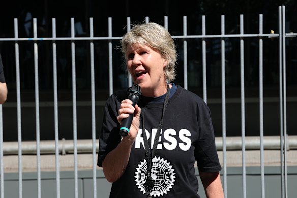ABC presenter Fran Kelly speaks at the start of a 24-hour strike by staff over wages.