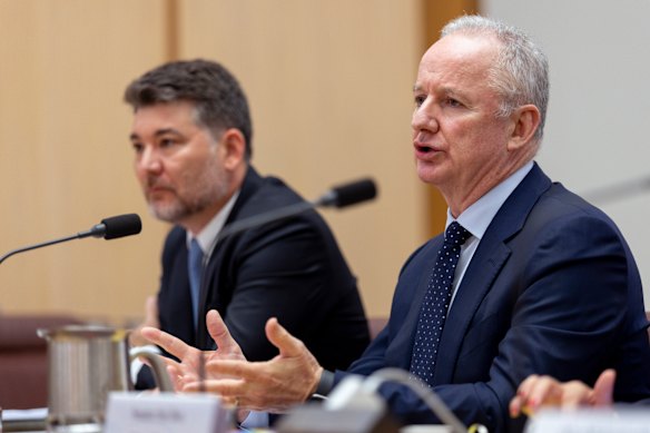 ABC managing director Hugh Marks during a Senate estimates hearing at Parliament House in Canberra on February 10, 2026.