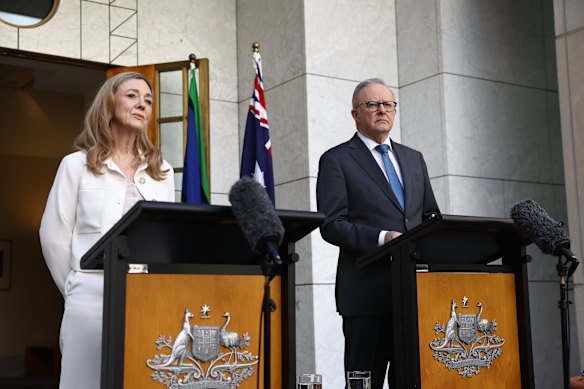 Senator Tammy Tyrrell, left, standing alongside Prime Minister Anthony Albanese on Thursday. 