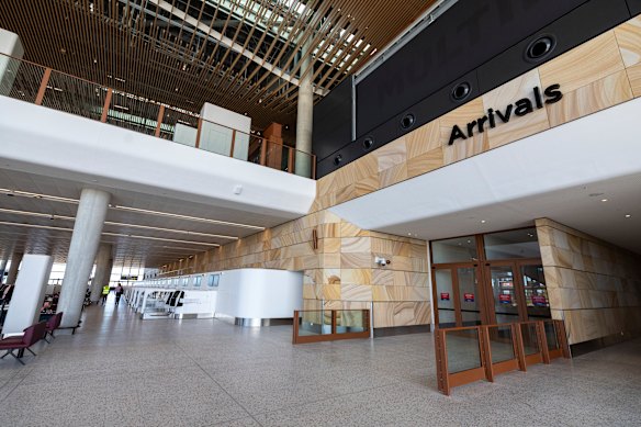 The exit for arrivals on the ground floor at Western Sydney Airport.