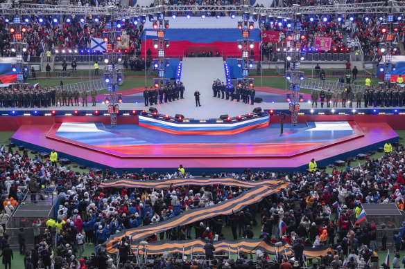 The stage at the Luzhniki Stadium in Moscow. In front of it a Z, which has become the unofficial tag of Russia’s invasion of Ukraine.