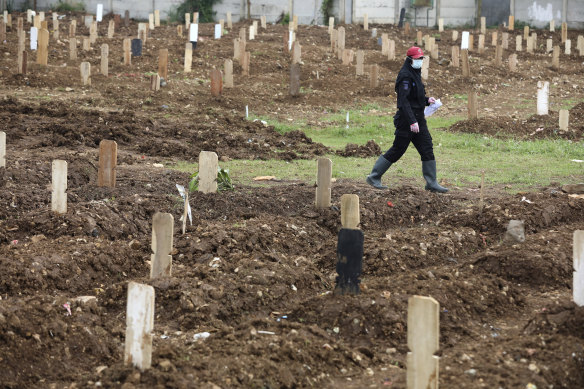 An employee walks among graves at the special section of Srengseng Sawah cemetery which was opened to accommodate the surge in deaths in Jakarta.
