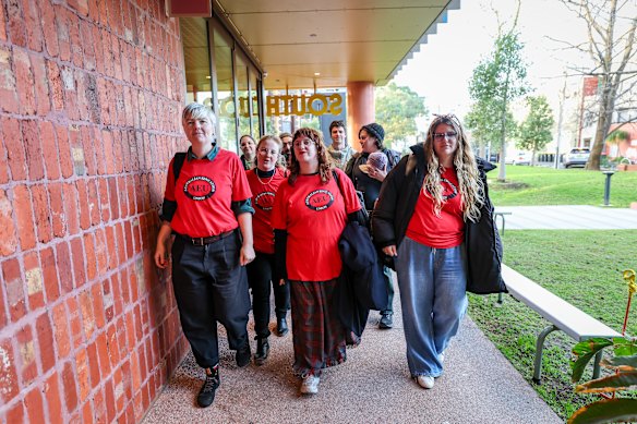 Lucy Honan and other Australian Education Union members ahead of a vote on whether teachers will walk off the job. 