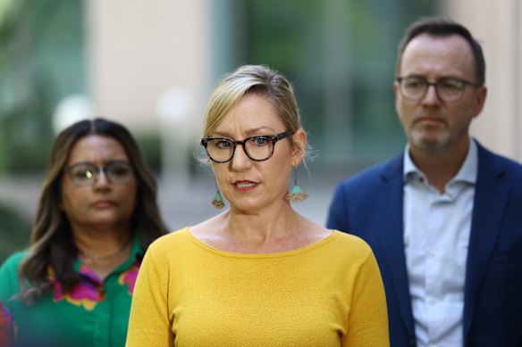 Greens MPs (from left) Mehreen Faruqi, Larissa Waters and David Shoebridge in Canberra.