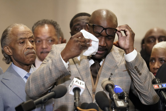 George Floyd’s brother Philonise Floyd wipes his eyes during a news conference after the verdict.