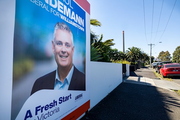 Liberal corflutes, once a rare sight in Williamstown, now blanket some of the electorate’s busiest streets.