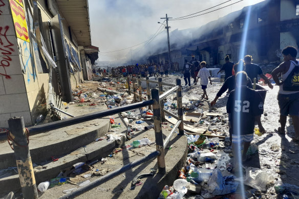 The streets of Chinatown in the Solomon Islands capital Honiara after police used tear gas and rubber bullets to break up a demonstration against Prime Minister Sogavare in November.