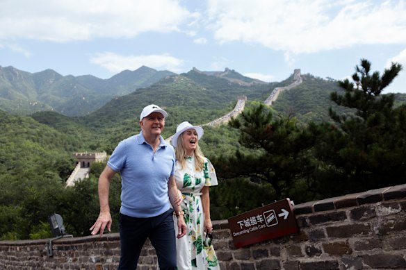 Prime Minister Anthony Albanese and his fiancee Jodie Haydon visit the Great Wall of China.