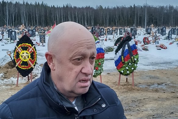 Wagner Group head Yevgeny Prigozhin attends the funeral of a fighter of the Wagner group outside St Petersburg, Russia, on December 24. 