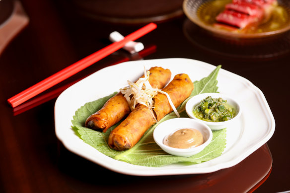 Smoked pork spring rolls.