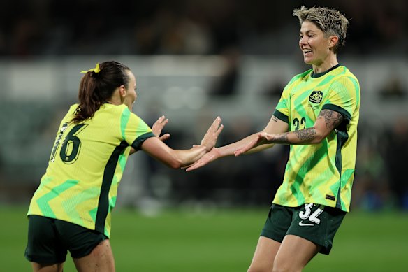 Michelle Heyman celebrates.