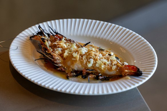 Skull Island tiger prawn, prawn bisque, katsu crumble. 