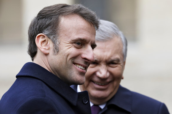French President Emmanuel Macron in Paris on Wednesday with Uzbekistan President Shavkat Mirziyoyev.