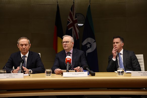 Prime Minister Anthony Albanese with WA Premier Roger Cook (left) and NSW Premier Chris Minns after Wednesday’s national cabinet meeting in Sydney.