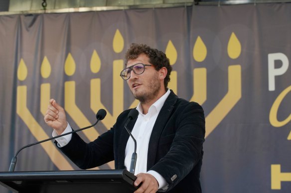 Rabbi Gabi Kaltmann at the Pillars of Light celebration at Federation Square on Thursday.