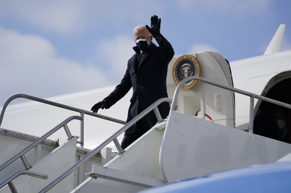 Joe Biden arrives at Kalamazoo Battle Creek International Airport in Michigan to visit a Pfizer manufacturing site on Friday.